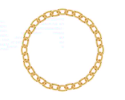 Realistic gold circle frame chain texture. Golden round chains link isolated on white background. Jewelry chainlet three dimensional design element. vector