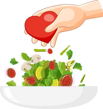 Vegetable salad bowl and hand holding heart vector