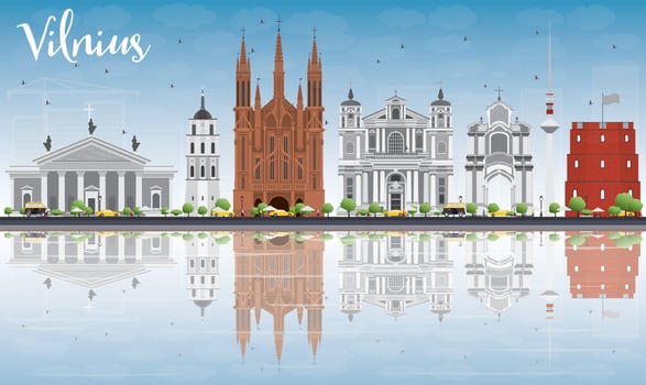 Vilnius Skyline with Gray Landmarks, Blue Sky and Reflections. vector