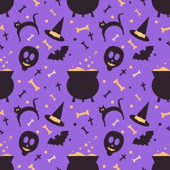 Halloween seamless pattern background. Abstract skull, bone, black cat, bat and witch pot and hat isolated on purple for design halloween invitations, cards, menu. Vector cartoon illustration
