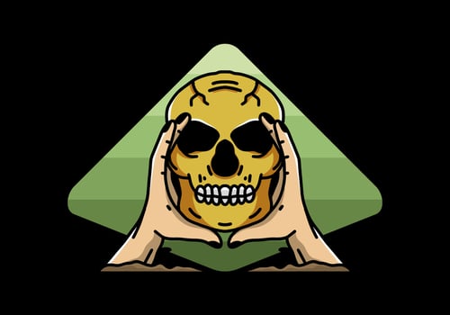 Two hand holding a skull illustration badge vector