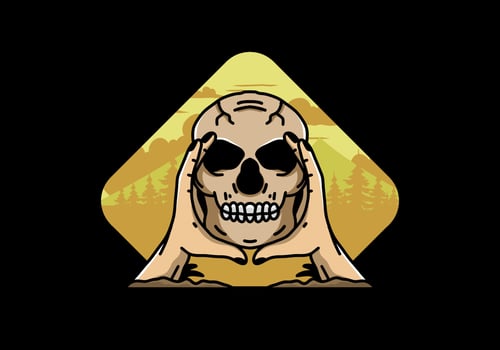 Two hand holding a skull illustration badge vector