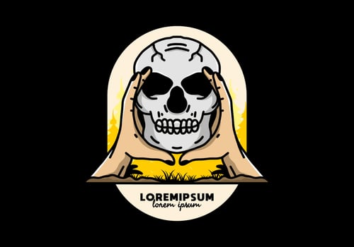 Two hand holding a skull illustration badge vector