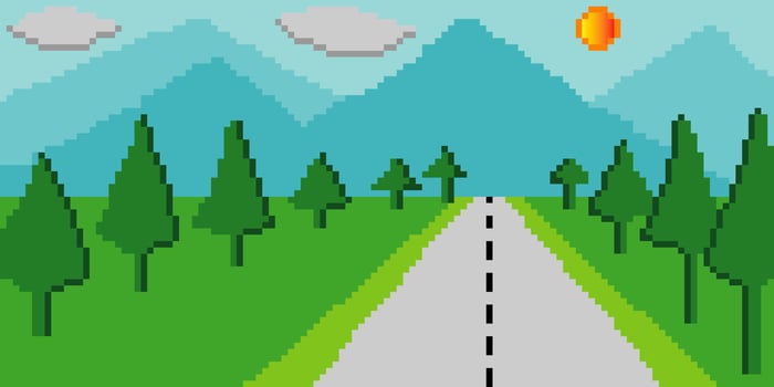 Colorful mountains with pixel art. Vector illustration.
