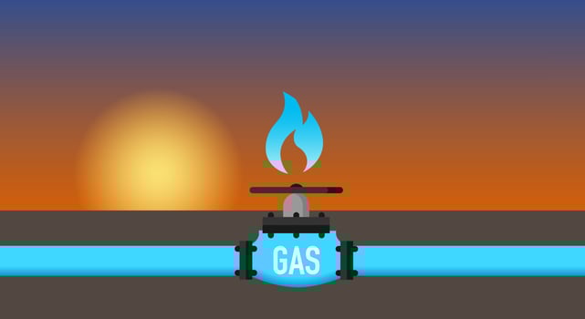 Gas pipeline, in the form of a gas pipe with a flame and text Gas flowing from a natural gas field to consumers. Copy space. vector