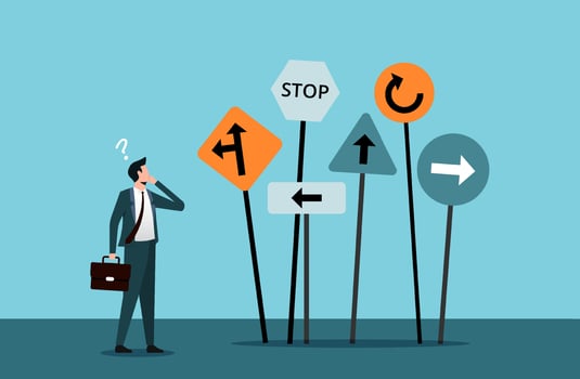 BigBusiness decision making, career path, choose the right way to success concept, confusing businessman looking at multiple road sign with question mark and thinking symbol. vector