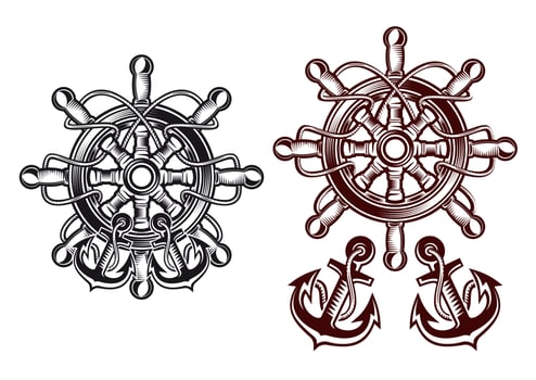 Ship steering wheel with anchors vector