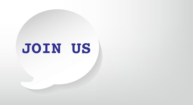 Join us, white round text message, bubble. Copy space. Vector illustration