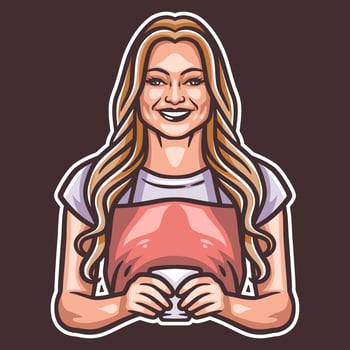 young smiling girl barista wearing apron holding coffee vector