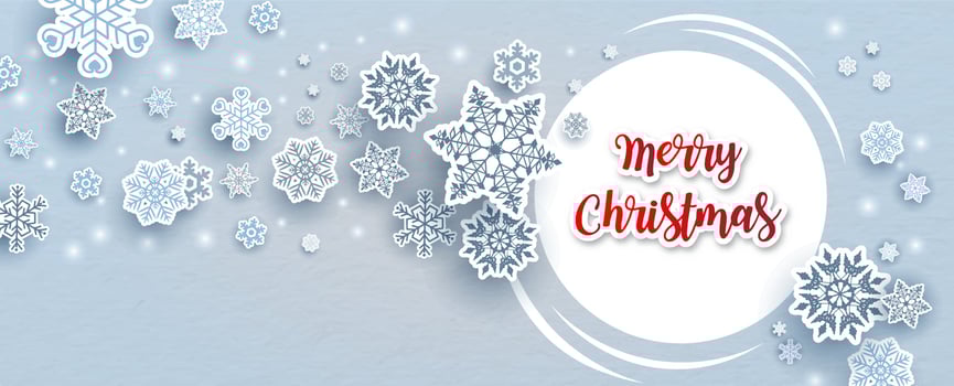 Many and variety snowflake in paper cut style with Merry Christmas lettering on white circle and blue background. Christmas greeting card and poster in banner and vector design.