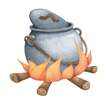 Witch Cauldron, Steel black cauldron with boiling magic potion. Watercolor illustration for Halloween. Use it for postcards, invitations, and scrapbooking. png