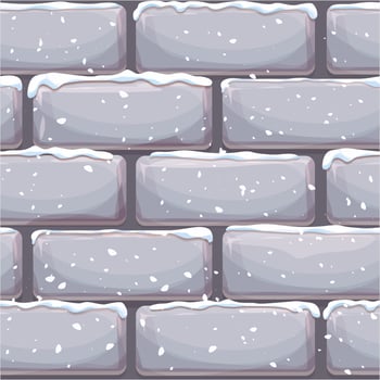 Brick wall with snow, stone bricks, rock surface in cartoon style, winter seamless background. Ui game asset, pavement or road. Textured and detailed. Vector illustration