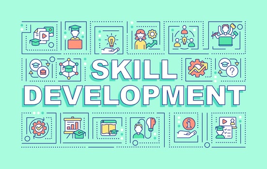 Skill development word concepts mint banner. Enhancing student proficiency. Infographics with icons on color background. Isolated typography. Vector illustration with text.
