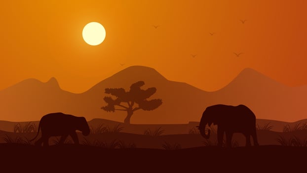 Africa nature landscape with silhoutte animals flat illustration vector