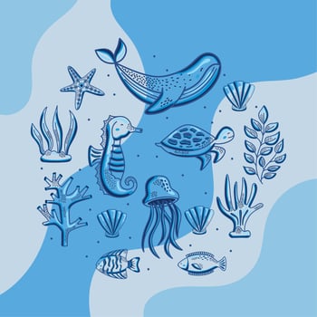 sea life animals in circle vector