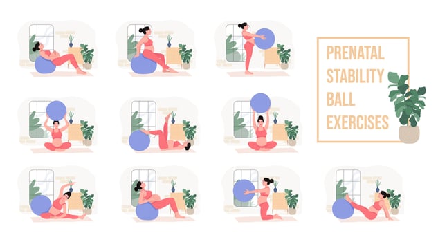 Prenatal Pregnancy Workouts set. stability ball exercises. Working out and fitness, pregnancy concept. Vector illustration.