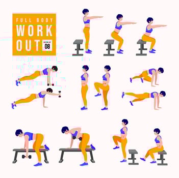Workout girl set. Woman doing fitness and yoga exercises. Lunges and squats, plank and abc. Full body workout. vector