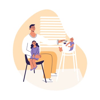 Man feeding a baby. Father's care. Dad spends time with children. Toddler sit in special high chair. Family time together. Flat cartoon vector illustrtion, trendy colors, isolated on white background.
