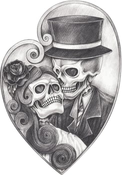 Art couple in love wedding skulls. Hand drawing and make graphic vector. vector