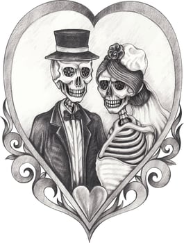 Art couple in love wedding skulls. Hand drawing and make graphic vector. vector
