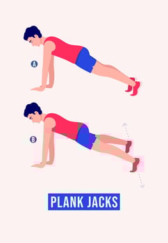 Plank Jacks exercise, Men workout fitness, aerobic and exercises. vector