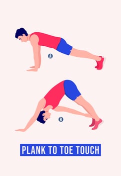 Plank to Toe Touch exercise, Men workout fitness, aerobic and exercises. vector