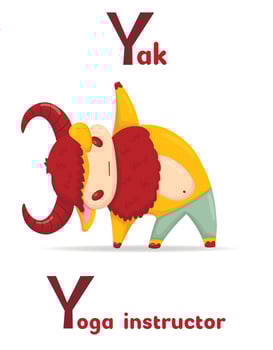 Latin alphabet ABC animal professions starting with letter  y yak yoga instructor in cartoon style. vector