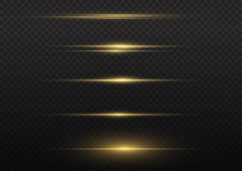 Yellow horizontal lens flares pack. Laser beams, horizontal light rays. Beautiful light flares. Flash light with fairy dust sparks and golden stars shine. Dusty shine light. vector