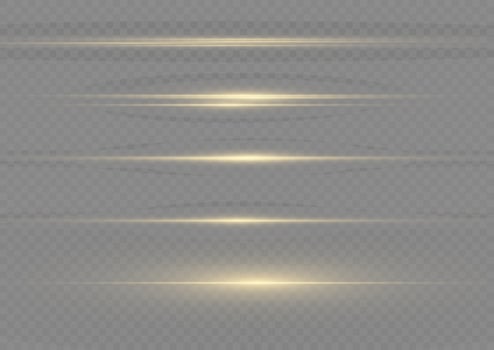 Yellow horizontal lens flares pack. Laser beams, horizontal light rays. Beautiful light flares. Flash light with fairy dust sparks and golden stars shine. Dusty shine light. vector