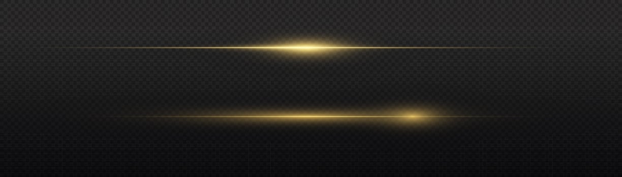 Yellow horizontal lens flares pack. Laser beams, horizontal light rays. Beautiful light flares. Flash light with fairy dust sparks and golden stars shine. Dusty shine light. vector