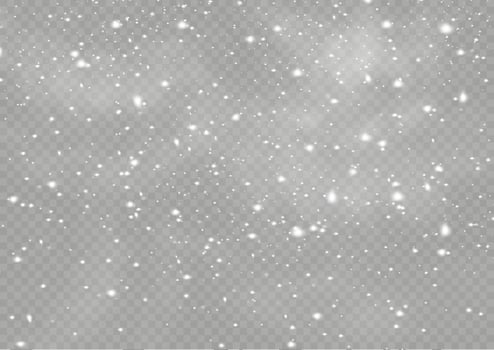 Snow and wind. Vector heavy snowfall, snowflakes in various shapes and forms. Many white cold flakes elements. White snowflakes are flying in the air. snow background.