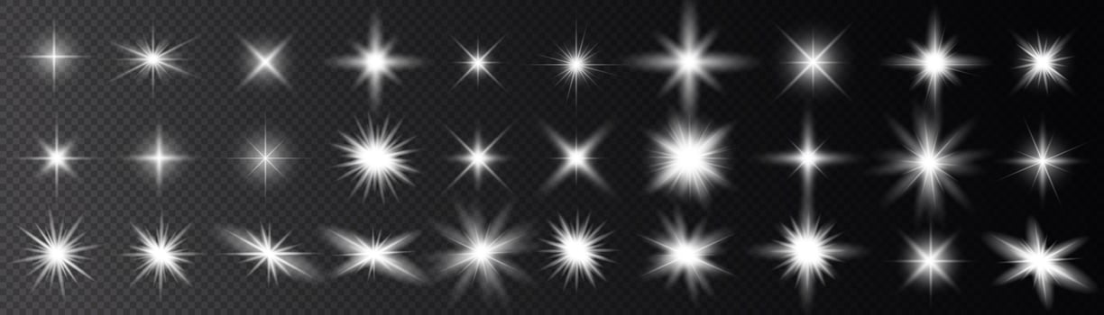 White isolated white light effect set, lens flare, explosion, glitter, line, sun flash, spark and stars. Abstract special effect element design. vector