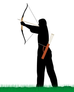 archer shooting a bow on a white background and green grass vector