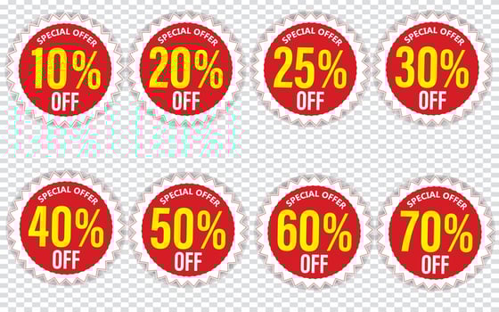 Discount stickers set for shop, retail, promotion. 10, 20, 25, 30, 40, 50, 60, 70 percentage off vector