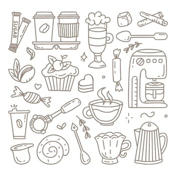 A set of elements for a coffee shop To use for posters banners postcards and packaging design Vector illustration in the style of hand drawn