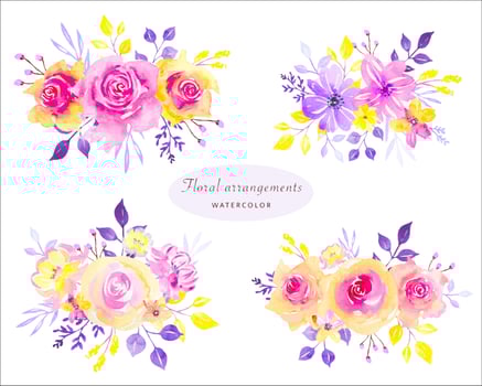 Floral arrangements of bright  rose and leaves. watercolor illustration vector