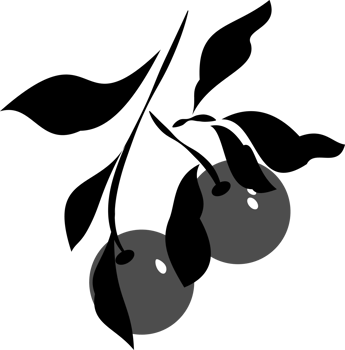 Digital drawing of a group of leaves with two cherries in black and gray color png