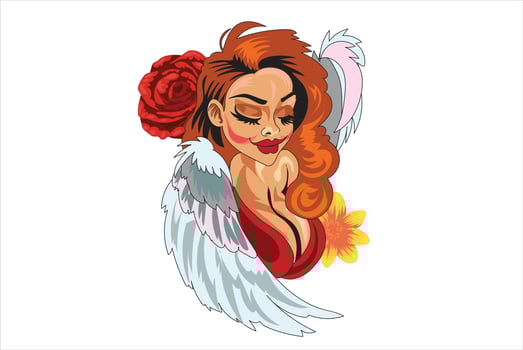 young fairy girl with blonde hair feather wings. Fantasy cartoon symbol. Linear color vector