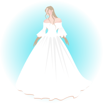 Digital illustration of a bride in a fluffy white wedding dress with her hair loose on her shoulder and wearing a pair of gloves in her hands. png