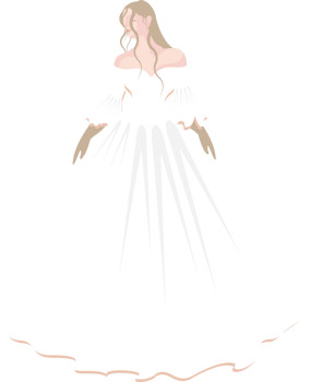 Digital illustration of a bride in a fluffy white wedding dress with her hair loose on her shoulder and wearing a pair of gloves in her hands. png