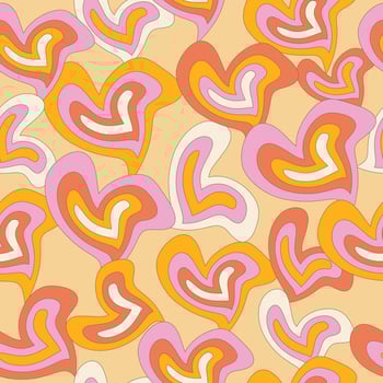Seamless abstract pattern in the style of the 1970s. Wavy pattern with hearts. Made in white, pink, orange colors. Hand-Drawn Vector Illustration. Seventies Style, Groovy Background