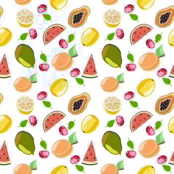 Seamless botanical pattern with watermelons, cherries, lemons,papaya, and apricots vector