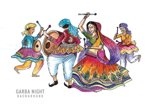 Beautiful couple playing dandiya in disco garba night dance background vector