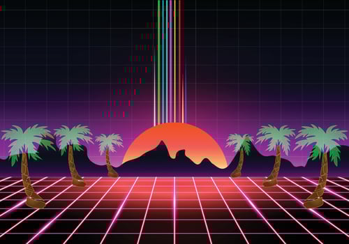 Retro with orange sun and coconut trees vector
