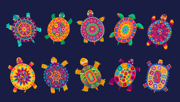 Bright mexican mayan, aztec turtle tortoise totems vector