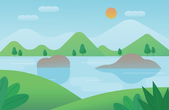 There are small rocks in the clear lake. Blue sky on the background of mountains. vector
