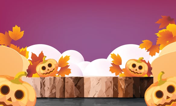 podium stage autumn halloween season paper art colorful for show banner sale vector illustation pumpkin