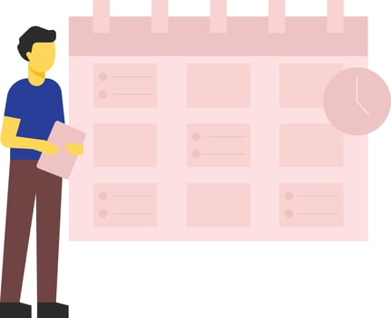 The boy is looking at the calendar. vector