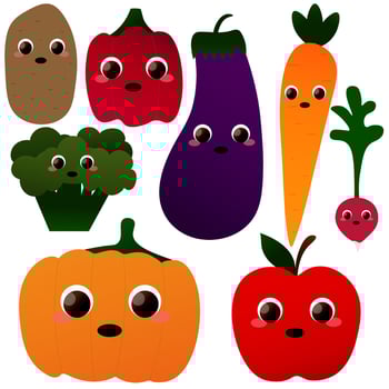 Set of cute vegetables characters - eggplant, radish, potato, pumpkin, carrot, pepper, broccoli and apple vector