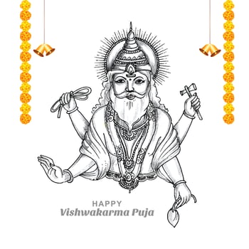Hand draw hindu god vishwakarma sketch and vishwakarma puja holiday background vector